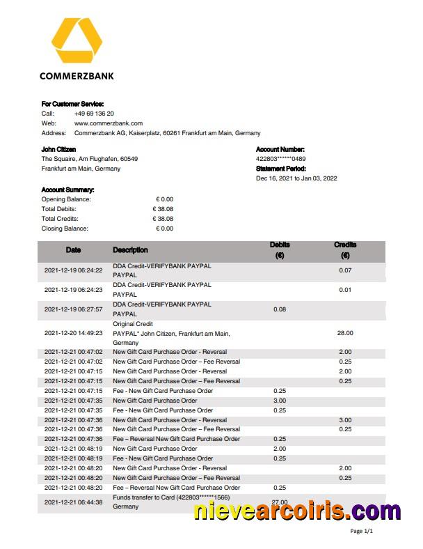 Germany Commerzbank bank statement, Word and PDF format